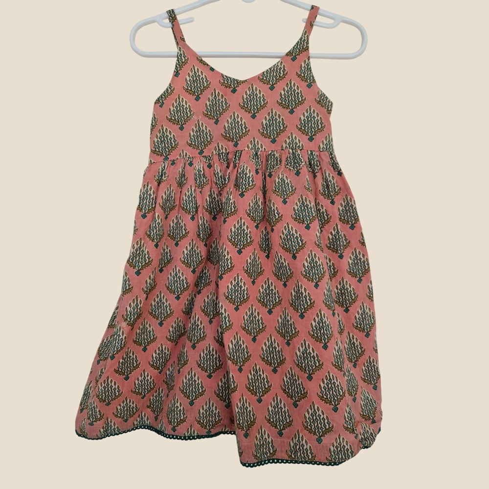 Yo Baby Girls Pink Teal Block Print Cotton Sun Dress Size 3 Smocked Back Boho